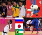 Judo mannen - 60 kg podium, Arsen Galstian (Rusland), Hiroaki Hiraoka (Japan) en Philip Kitadai (Brazilië), (Oezbekistan) - Londen 2012 - Rishod Sobirov