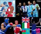 Mannen super zwaargewicht boksen podium, Anthony Joshua (Verenigd Koninkrijk), Roberto Cammarelle (Italië), Magomedrasul Majidov (Azerbeidzjan) en Ivan Dychko (Kazachstan), Londen 2012